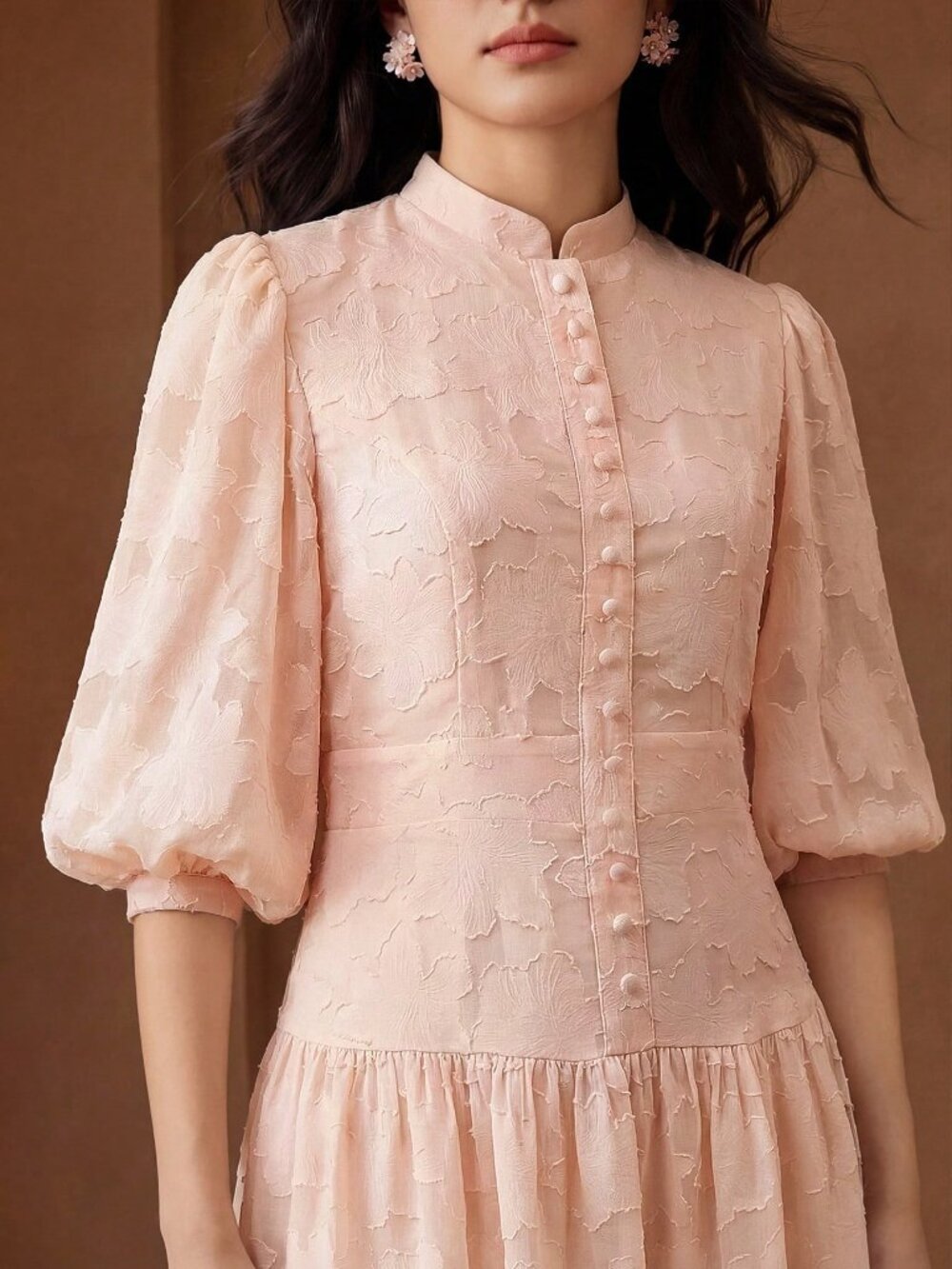 Pink Elegant Women's V-Neck Lantern Sleeve Textured Ditsy Floral Dress - Picture 3 of 7